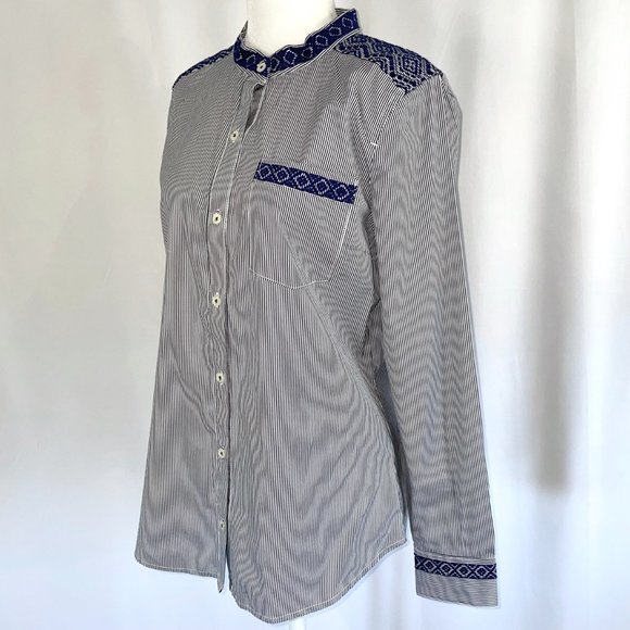 New C Wonder Embroidered Striped Collarless Button Down Shirt Indigo Size XS - Picture 6 of 16